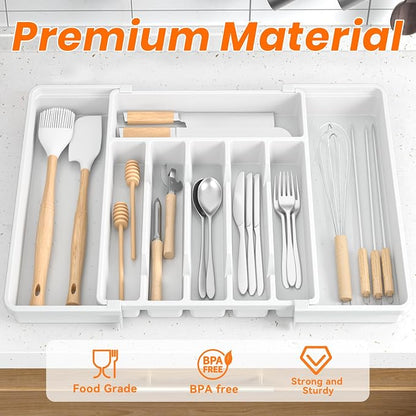 RoomHacks Large Silverware Organizer,Expandable Utensil Drawer Organizer,BPA Free Utensil Holder,Adjustable Silverware Tray Cutlery Drawer Organizer for Kitchen Flatware,Large,White,2 Pack