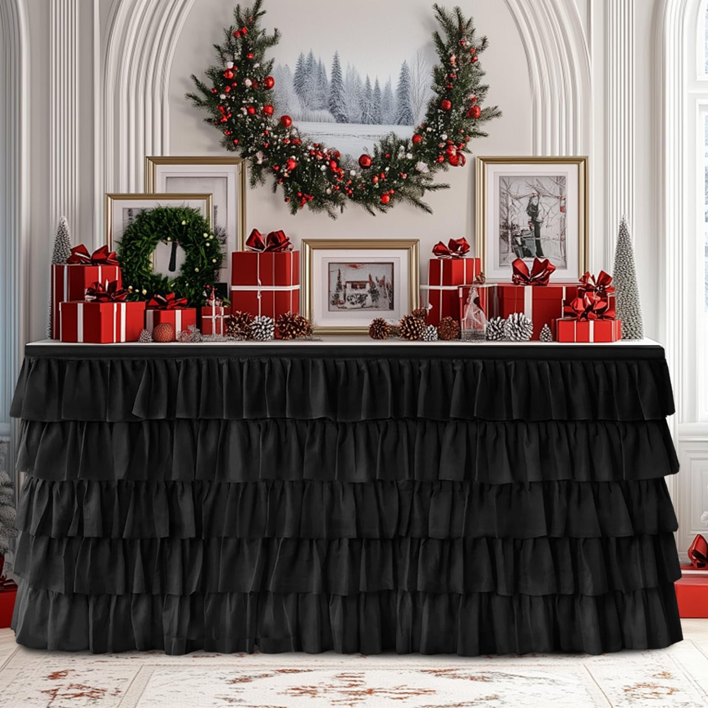 Pufogu Black Tulle Table Skirt 9ft Tutu Ruffled Chiffon Tablecloth For Rectangle Wedding Baby Shower Girls Birthday Party and Cake Dessert Table Decorations(Black, L9(ft), H30in)