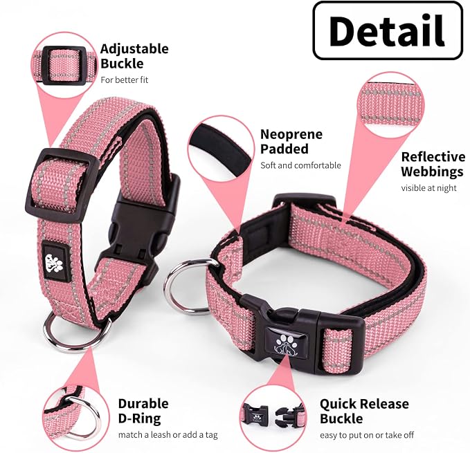 NESTROAD Dog Collar and Leash Set,Reflective Dog Collars with Quick Release Buckle,Adjustable Nylon Pet Collar for Small Medium Large Dogs(Small,Pink)
