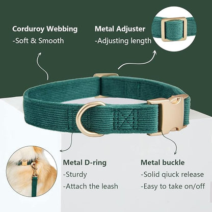 Soft Corduroy Dog Collar and Leash Set Adjustable Durable Dog Collars with Metal Buckle and Lead for Medium Dogs,Dark Green