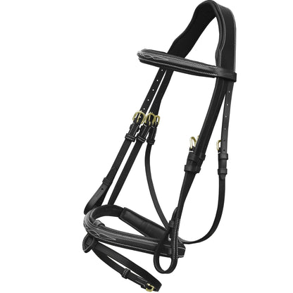 Exion Anatomical Snaffle Jumping Bridle for Horses with Removable Flash Noseband & Rubber Reins – Premium Vegetable-Tanned Leather, Brass Buckles, Padded MonoCrown, Designer Stitching
