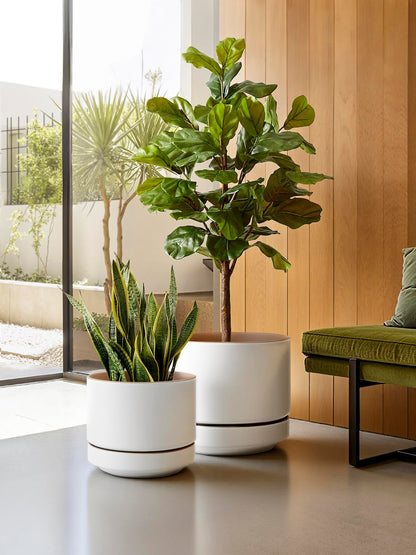 LE TAUCI 12 Inch Pot for Plants with Saucer, Ceramic Indoor Planter Pot with Drainage Hole, Mesh Pad Included, Matte Glazed Outside, Modern for Home and Office, Alpine White & Ochre