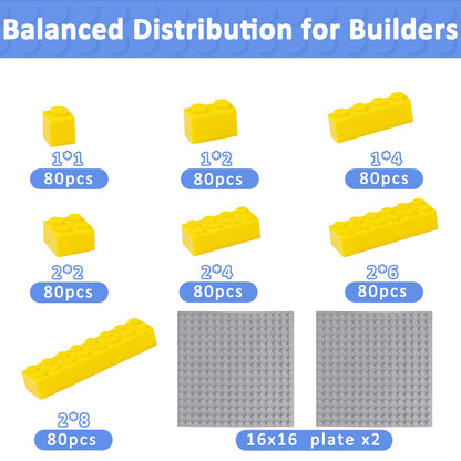Cabeeskii 560 Pieces Yellow Classic Building Blocks Bulk with 2 Base Plates, Building Bricks in 7 Size, Compatible with All Major Bricks, for Kids & MOC Lovers
