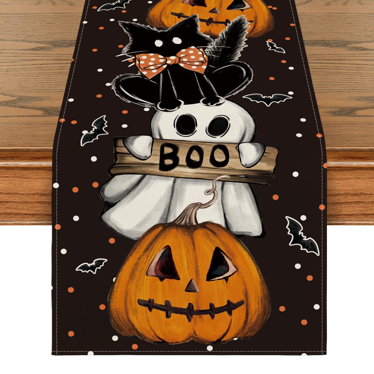 Artoid Mode Polka Dot Ghost Pumpkin Cat Boo Halloween Table Runner, Bat Seasonal Fall Kitchen Dining Table Decoration for Home Party Decor 13x90 Inch