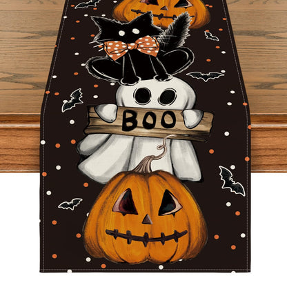 Artoid Mode Polka Dot Ghost Pumpkin Cat Boo Halloween Table Runner, Bat Seasonal Fall Kitchen Dining Table Decoration for Home Party Decor 13x90 Inch