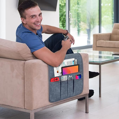 Couch Armrest Remote Control Holder, Couch Caddy Gifts for Seniors Bed Caddy Tv Remote Holder with 5 Pockets for Key Glasses Phone Magazine Holders