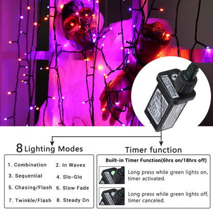 Toodour Halloween Orange & Purple Lights, 131ft 350 LED Plug in String Lights with 8 Modes and Timer, Connectable, Waterproof Halloween Outdoor Lights for Home, Party, Garden,Holiday Decorations