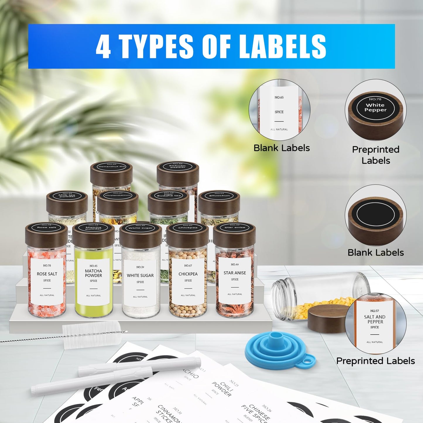 VIBRATITE 30 Pack Spice Jars with Acacia Lids, 4 oz Round Glass Jars Spice Containers Set with Labels, Pen, Funnel, Seasoning Storage Bottles with Shaker Lids for Rack, Cabinet, Drawer