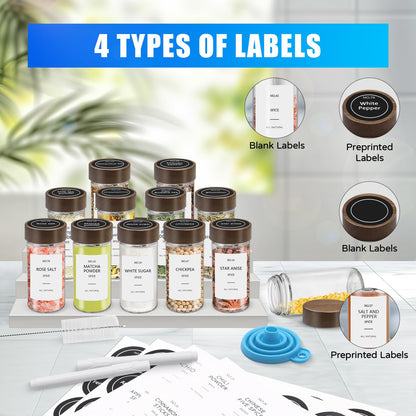 VIBRATITE 30 Pack Spice Jars with Acacia Lids, 4 oz Round Glass Jars Spice Containers Set with Labels, Pen, Funnel, Seasoning Storage Bottles with Shaker Lids for Rack, Cabinet, Drawer