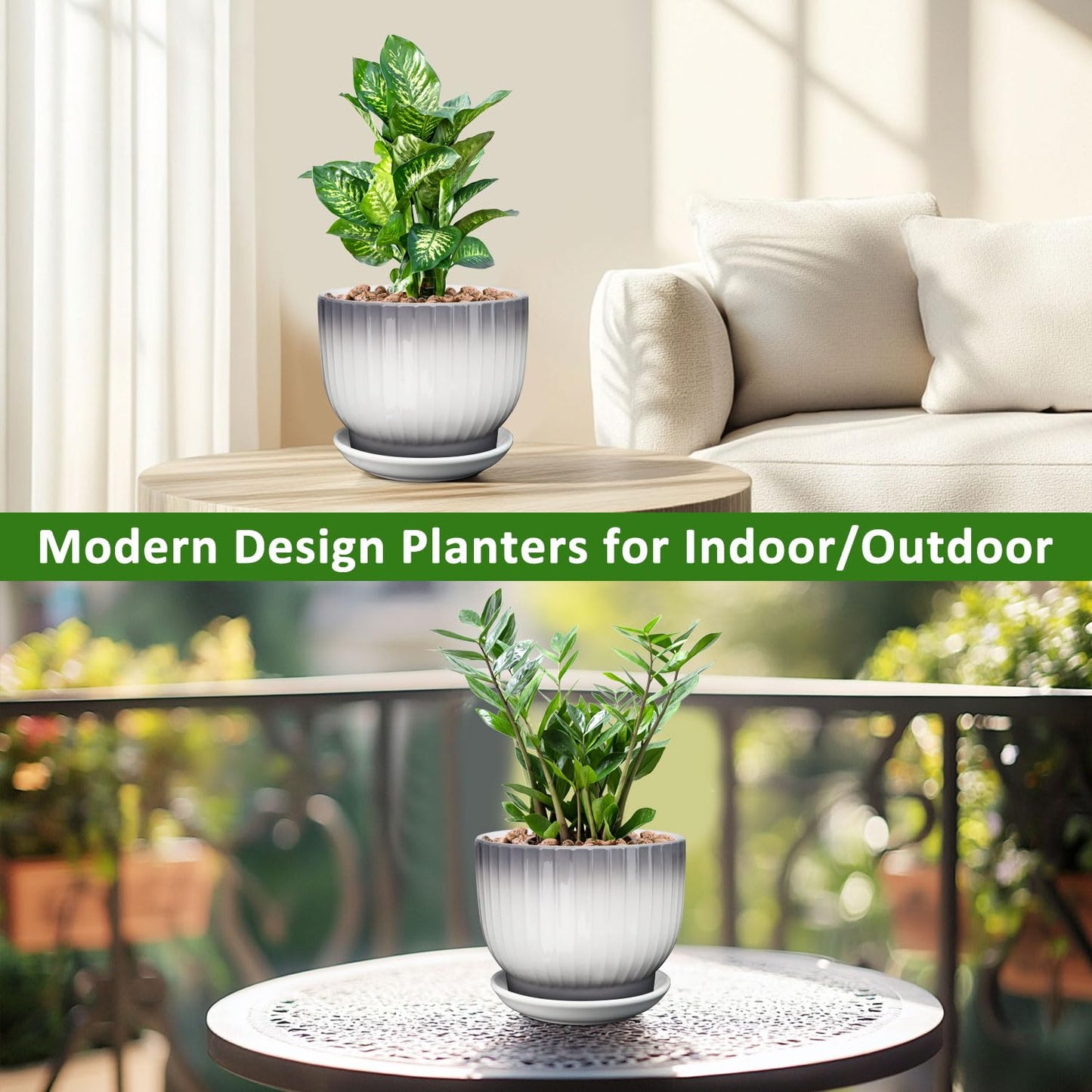 YUFDA 8 Inch Plant Pot, Ceramic Planter with Drainage and Saucer, Ceramic Pots for Plants, Indoor Plant pots,Ceramic Flower pots(Gray + White, Plants NOT Included)