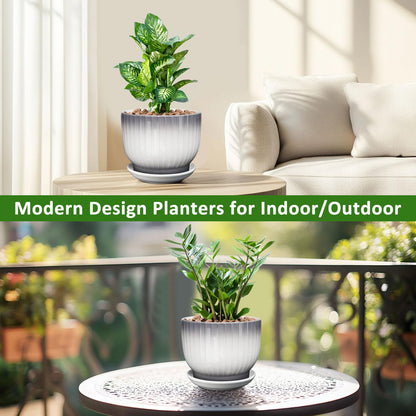YUFDA 8 Inch Plant Pot, Ceramic Planter with Drainage and Saucer, Ceramic Pots for Plants, Indoor Plant pots,Ceramic Flower pots(Gray + White, Plants NOT Included)