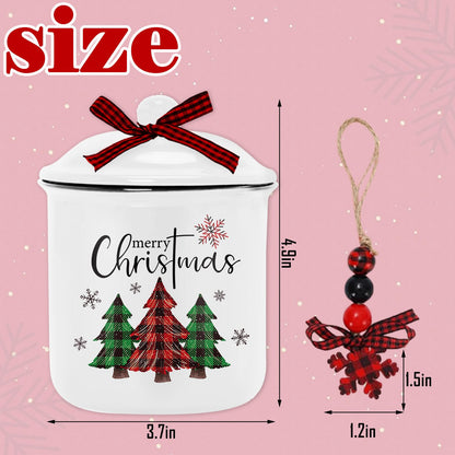 Whaline 2Pcs Christmas Mini Ceramic Canister Red Green Plaid Xmas Tree Truck Snowflake Mini Jar Holiday Candy Holder with Lid Bow for Xmas Winter Home Decor Storage Accessory