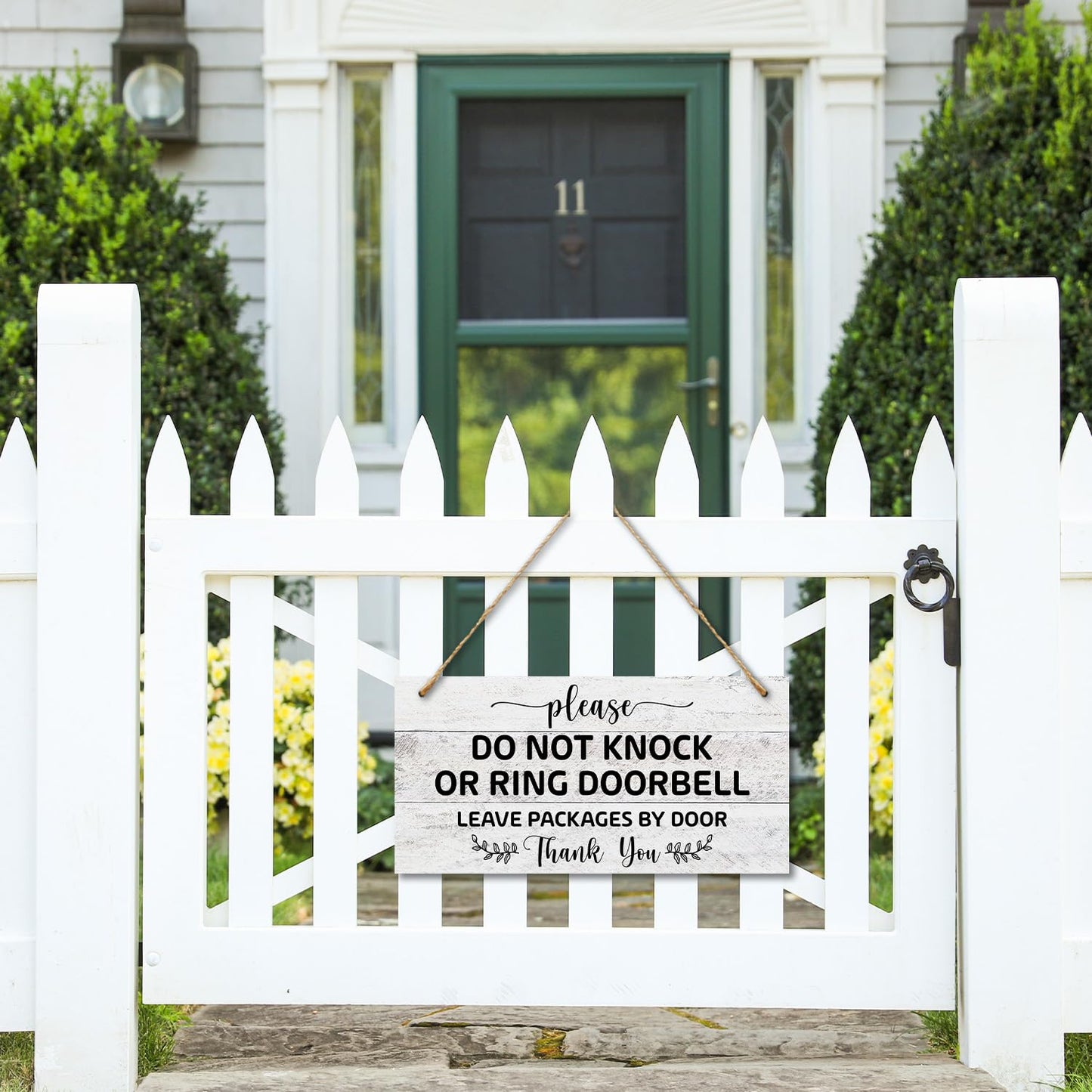 Wooden Sign with Rope for House Front - Do Not Knock or Ring Doorbell, Leave Packages by Door, 6x12 Inches Hanging Sign For Door Doors Garden Fence Office -02