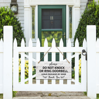 Wooden Sign with Rope for House Front - Do Not Knock or Ring Doorbell, Leave Packages by Door, 6x12 Inches Hanging Sign For Door Doors Garden Fence Office -02