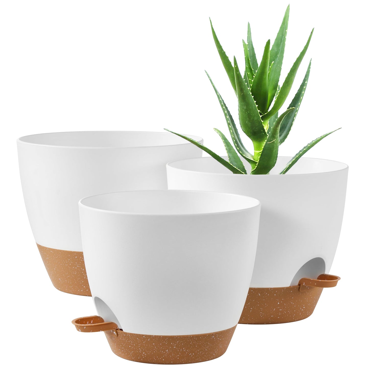 FaithLand 3-Pack Planter Pots, 10 9 8 Inch Self Watering Flower Pots for Indoor Outdoor Garden Plants, White with Brown