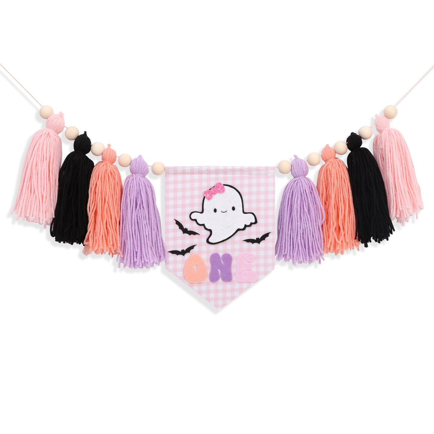 Spooky One High Chair Banner for Girls - Pink Ghost Yarn Tassel Highchair Banner, Halloween 1st Birthday Decorations, Our Little Boo is One Birthday Decor