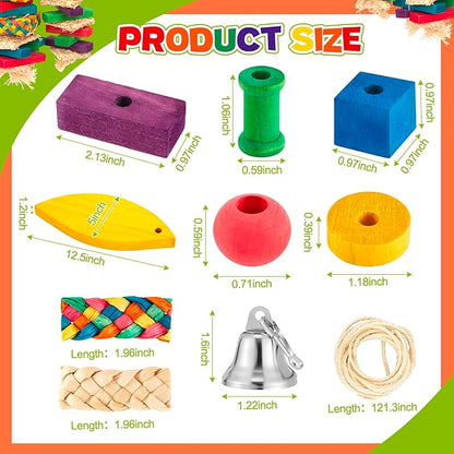 Shappy Large Bird Toy Making Kit, 228 Pcs DIY Parrot Toys Supplies, Natural Wood Chewing Blocks Beads Rope Bell Set for Macaw, Cockatiel, African Grey, Parakeet Cage Enrichment