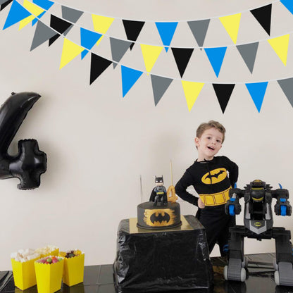 40Ft Yellow Blue Black Grey Fabric Bunting Banner Pennant Hanging Party Decorations Cotton Triangle Flag Garland for Boys Cartoon Police Super Spider Bat Space Game Theme Birthday Baby Shower Decor