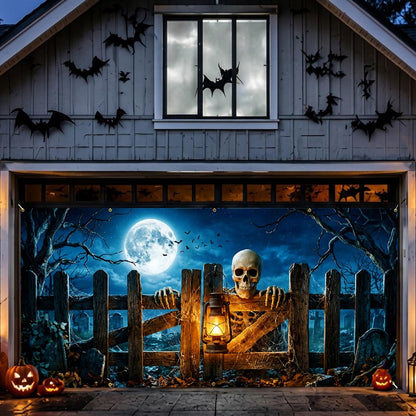 Halloween Garage Door Banner 157.5x70.9in Haunted House Graveyard Scene with Rope 393.7in & 10 Grommets Double Stitch Outdoor Garage Door Cover Halloween Garage Door Decorations Backdrop
