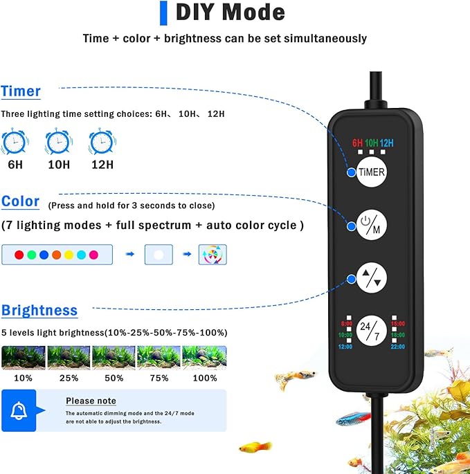 AQQA LED Aquarium Light, 24/7 Mode Clip on Fish Tank Light with Memory Function, DIY Mode Full Spectrum Aquarium Plant Light, Adjustable Timer/Brightness, IP68 Waterproof for 16-24 Inch Fish Tank 18W