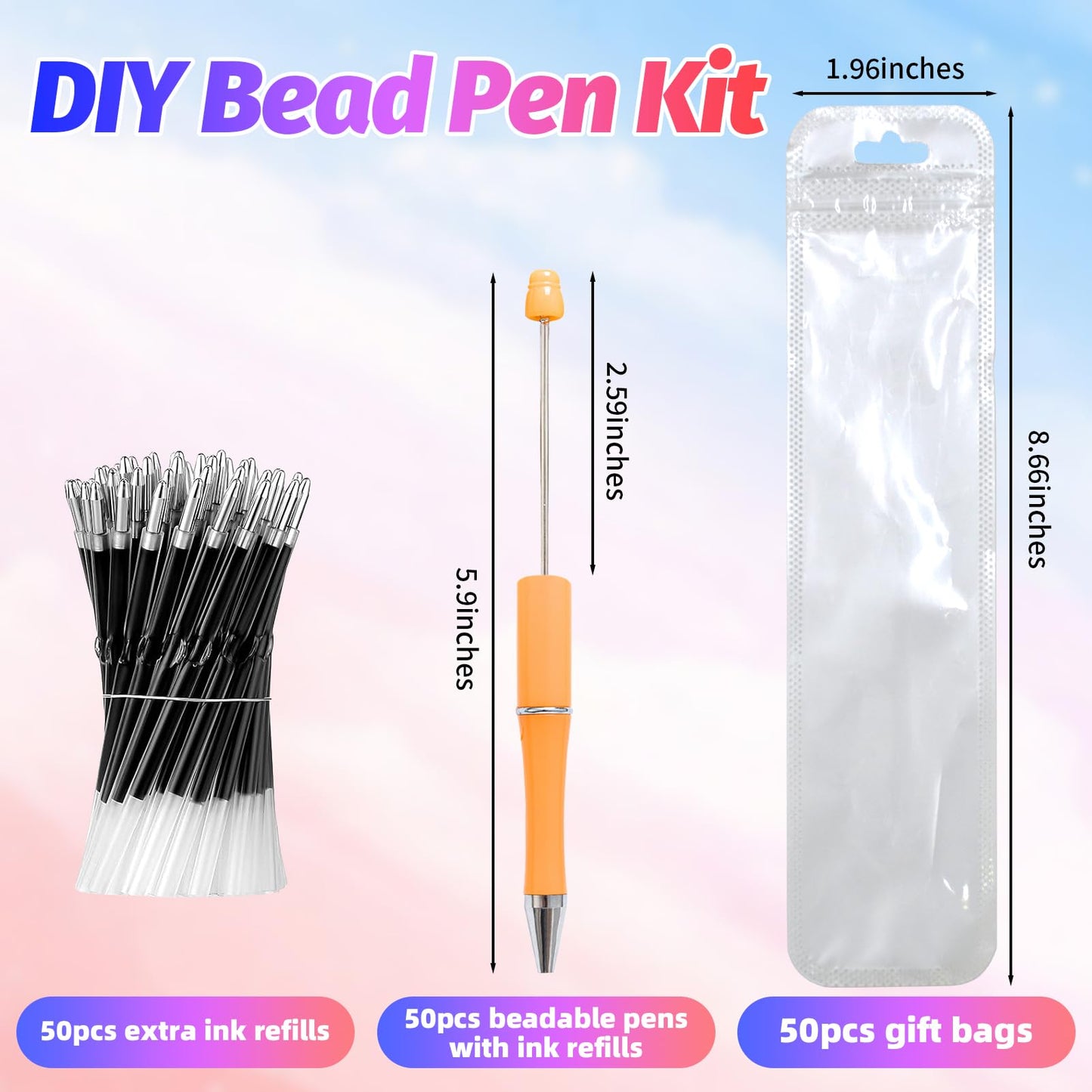 DASTTUIS 150 Pieces DIY Beadable Pen Kit – 50 Plastic Ballpoint Pens with Refills & Bags – School Supplies, Office Accessories & Decorative Items for Students & Teachers （Sweet）