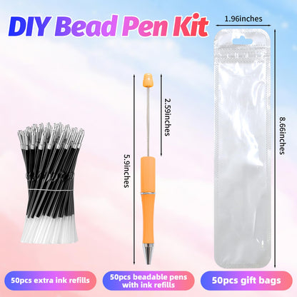 DASTTUIS 150 Pieces DIY Beadable Pen Kit – 50 Plastic Ballpoint Pens with Refills & Bags – School Supplies, Office Accessories & Decorative Items for Students & Teachers （Sweet）
