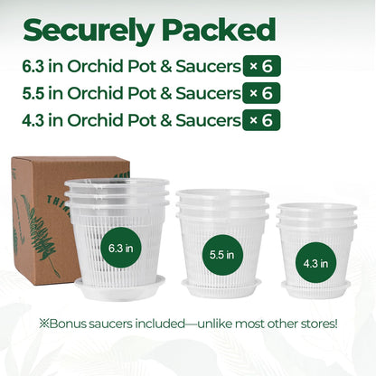 T4U Orchid Pot, 9 Pack Orchid Pots with Holes and Saucers for Repotting, 3 Each of 4.3, 5.5 and 6.3 Inch, Clear Plastic Flower Plant Pot for Indoor Outdoor Plants, Orchids Planter for Root Health