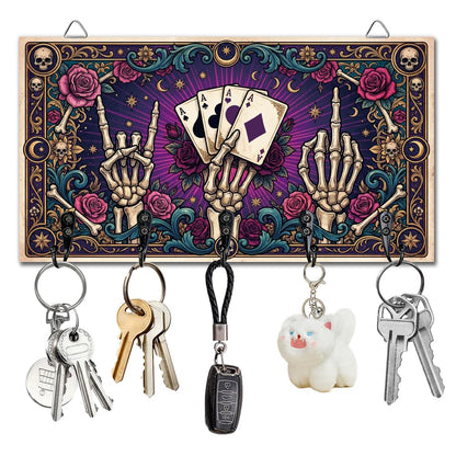 DELORIGIN Gothic Style Skull Hand Key Holder Divination Key Hooks Organizer Hanger Playing Cards Wall Mounted Wooden Key Rack with 5 Key Hooks for Home Entryway Front Door Kitchen Hallway Bedroom