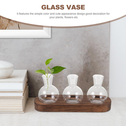 TINEASUR Glass Vase Set with Wooden Base, Hydroponic Green Plant Terrarium, Decorative Flower Vases for Office and Living Room Desktop, 3pcs Household Hyacinth Centerpiece