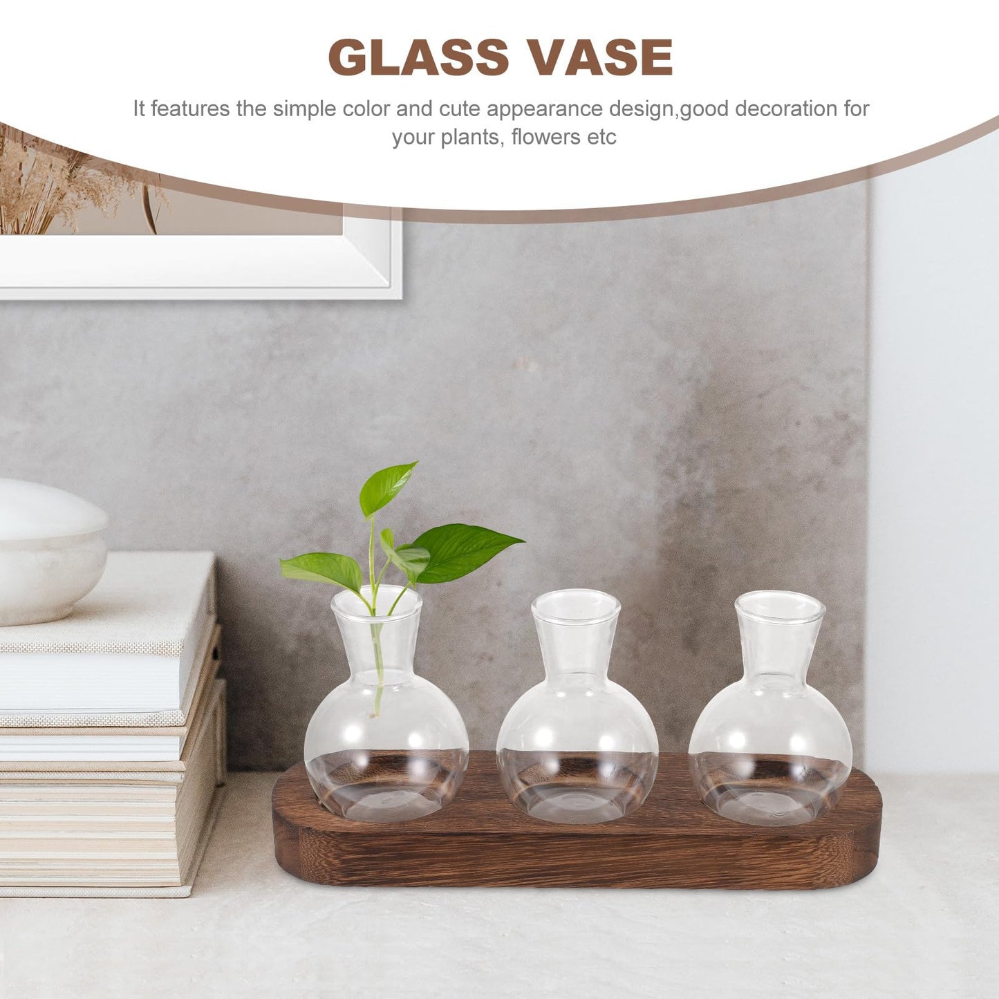 PRETYZOOM Glass Plant Vase Set with Wooden Base, Hydroponic Terrarium for Office and Living Room Decor, 3pcs Tabletop Flower Arrangement Vessels