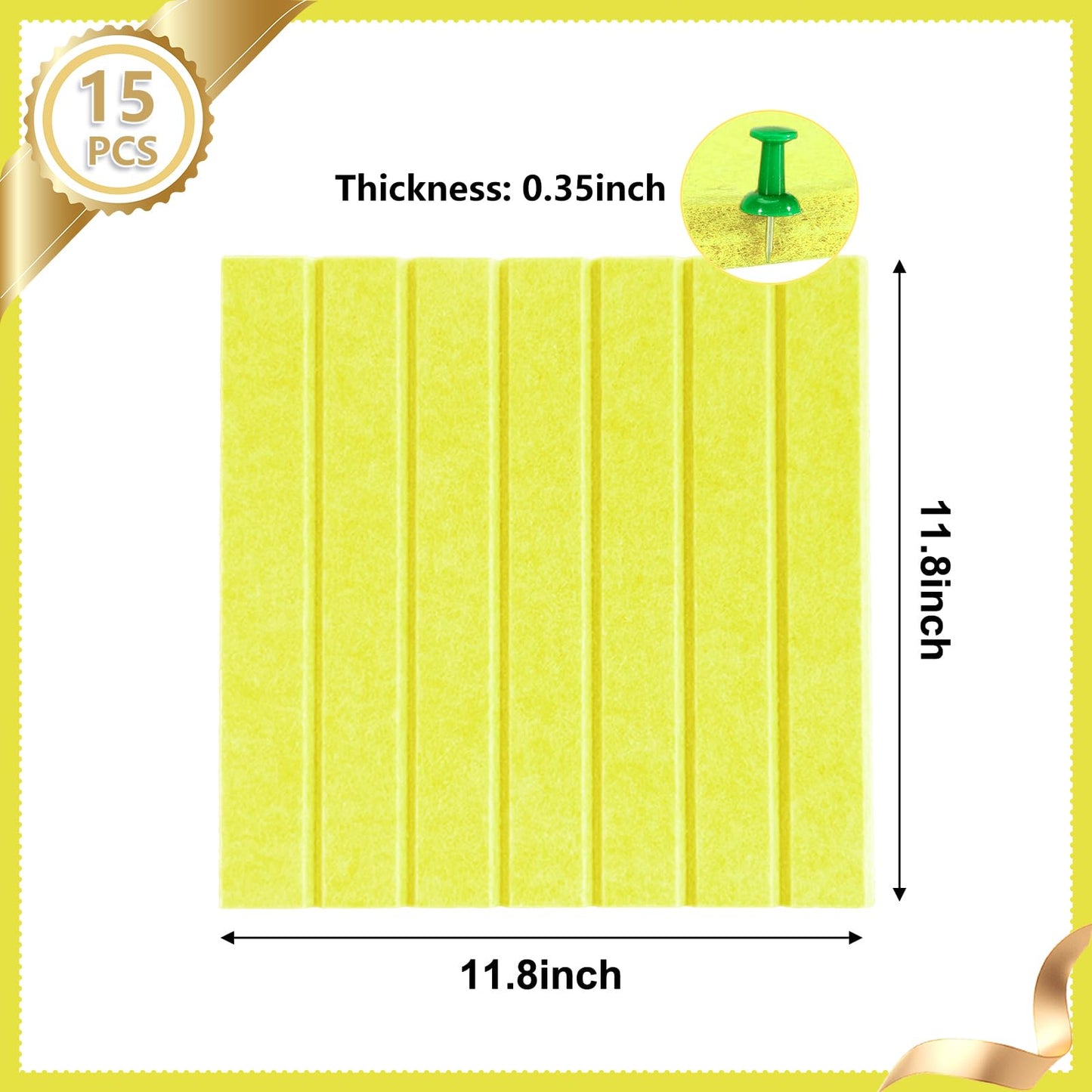 15 Pack Felt Bulletin Board, 35" x 59" Large Yellow Pinboard with 30 Push Pins, Felt Pin Board, Self-Adhesive Cork Board Tiles for Home, Office Walls, School Classroom Message Photos Display