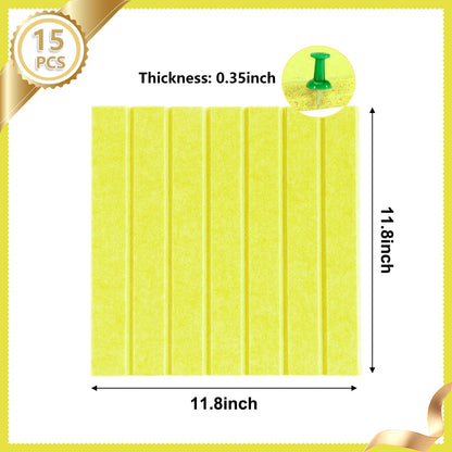 15 Pack Felt Bulletin Board, 35" x 59" Large Yellow Pinboard with 30 Push Pins, Felt Pin Board, Self-Adhesive Cork Board Tiles for Home, Office Walls, School Classroom Message Photos Display