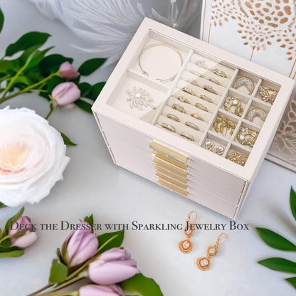 VLANDO 6-Drawer Jewelry Box with Glass Lid, Faux Leather Organizer for Rings Earrings Necklaces and More, Gift-Ready Jewelry Case for Women Girls or Moms, Pink Beige