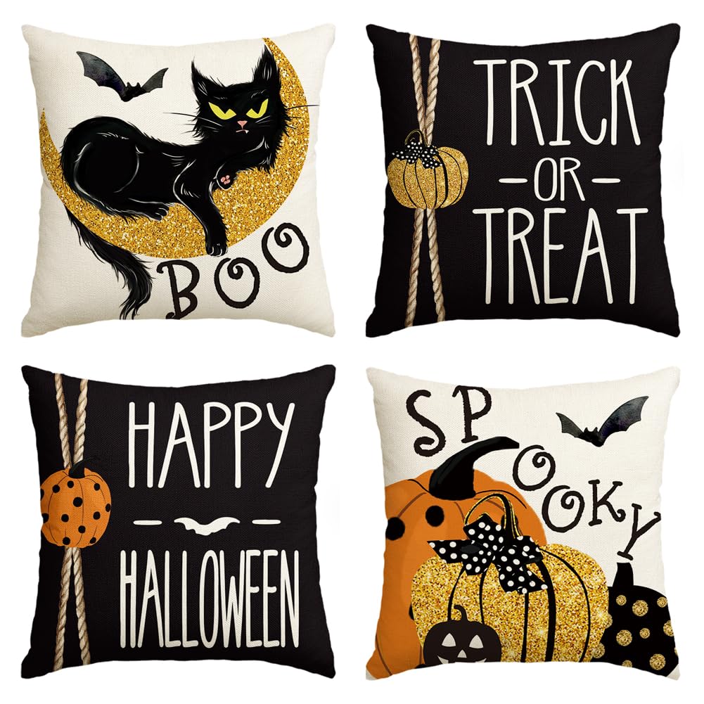 AVOIN colorlife Happy Halloween Boo Black Cat Trick or Treat Throw Pillow Covers, 18 x 18 Inch Spooky Pumpkin Bat Cushion Case for Sofa Couch Set of 4