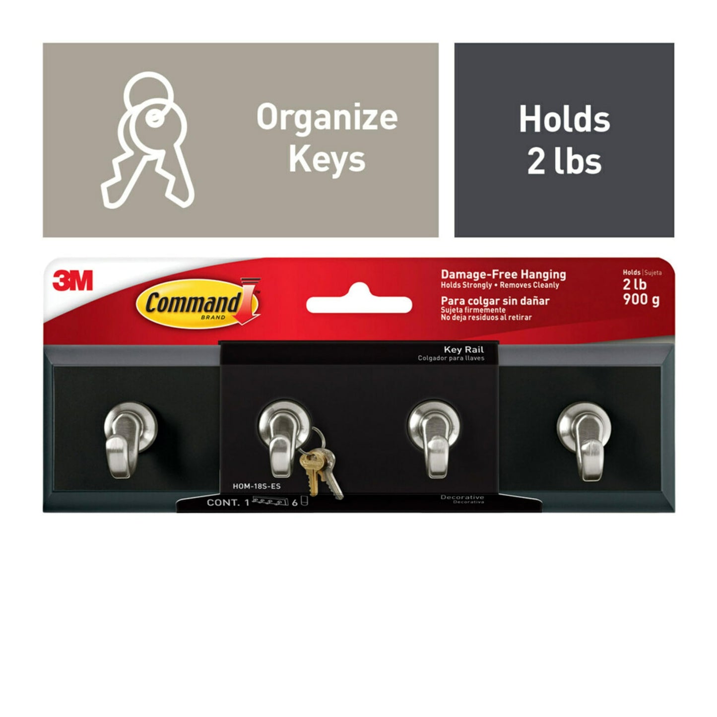 3M Command HOM18SES Decorative Key Rail, 8w x 1 1/2d x 2 1/8h, Black/Silver, 4 Hooks/Pack