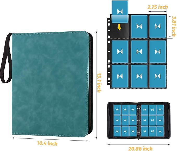 GERMUN 3 Ring 9 Pocket Zipper Card Binder, 720 Double Sided Standard PU Trading Card Album Folder for TCG & Sports Cards, Not Fit Top Loaders (Lake Blue)