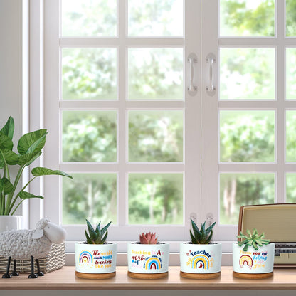 Junkin 12 Pcs Thank You Teacher Appreciation Gift Ceramic Plant Succulent Pots with Bamboo Tray Christian Bible Verse Gift Set Card for Employee(Plant Not Included)(Classic)