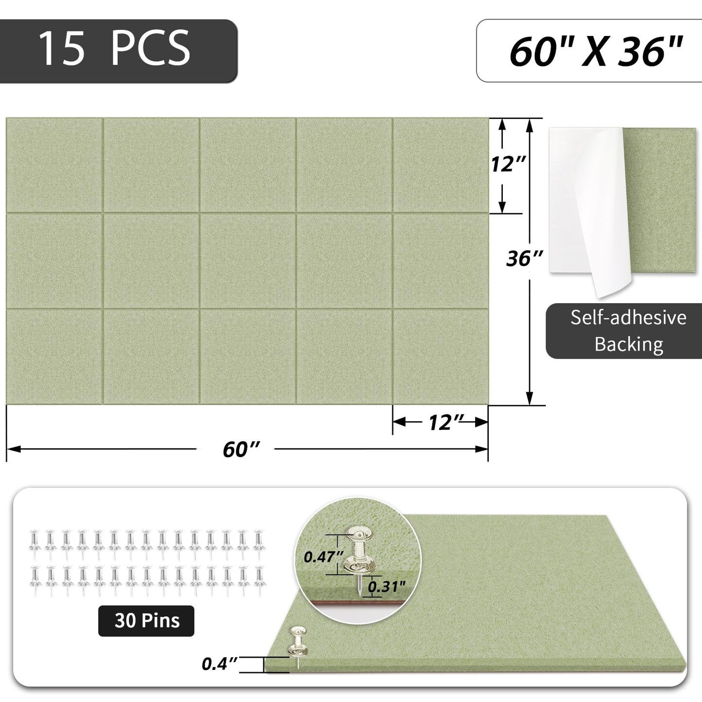 BXI Felt Bulletin Board - 60 X 36 Inches, 15 Pcs Self-Adhesive Decor Cork Boards with 30 Pushpins, Sturdy Acoustic Wall Panels for Office Work, Poster Pin Tiles for Teen Dorm Room Kitchen Classroom