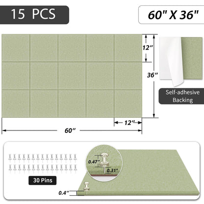 BXI Felt Bulletin Board - 60 X 36 Inches, 15 Pcs Self-Adhesive Decor Cork Boards with 30 Pushpins, Sturdy Acoustic Wall Panels for Office Work, Poster Pin Tiles for Teen Dorm Room Kitchen Classroom