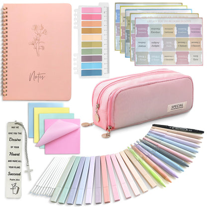 47PCs Bible Journaling Kit BIble Study Supplies for Women Girl,Bible Class Essentials with Large Pen Case,Journal Notebook,No-bleed Highlighters and Pens,Bible Tabs Bookmark,Translucent Sticky Notes