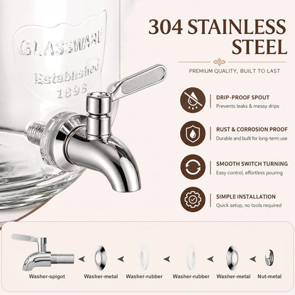 RuileMei 2 Gallon Glass Drink Dispenser,Beverage Dispenser with Stand,Lemonade Dispenser with 304 Stainless Steel Spigot Leakproof for Entertaining Guests, Picnic,Hosting Parties