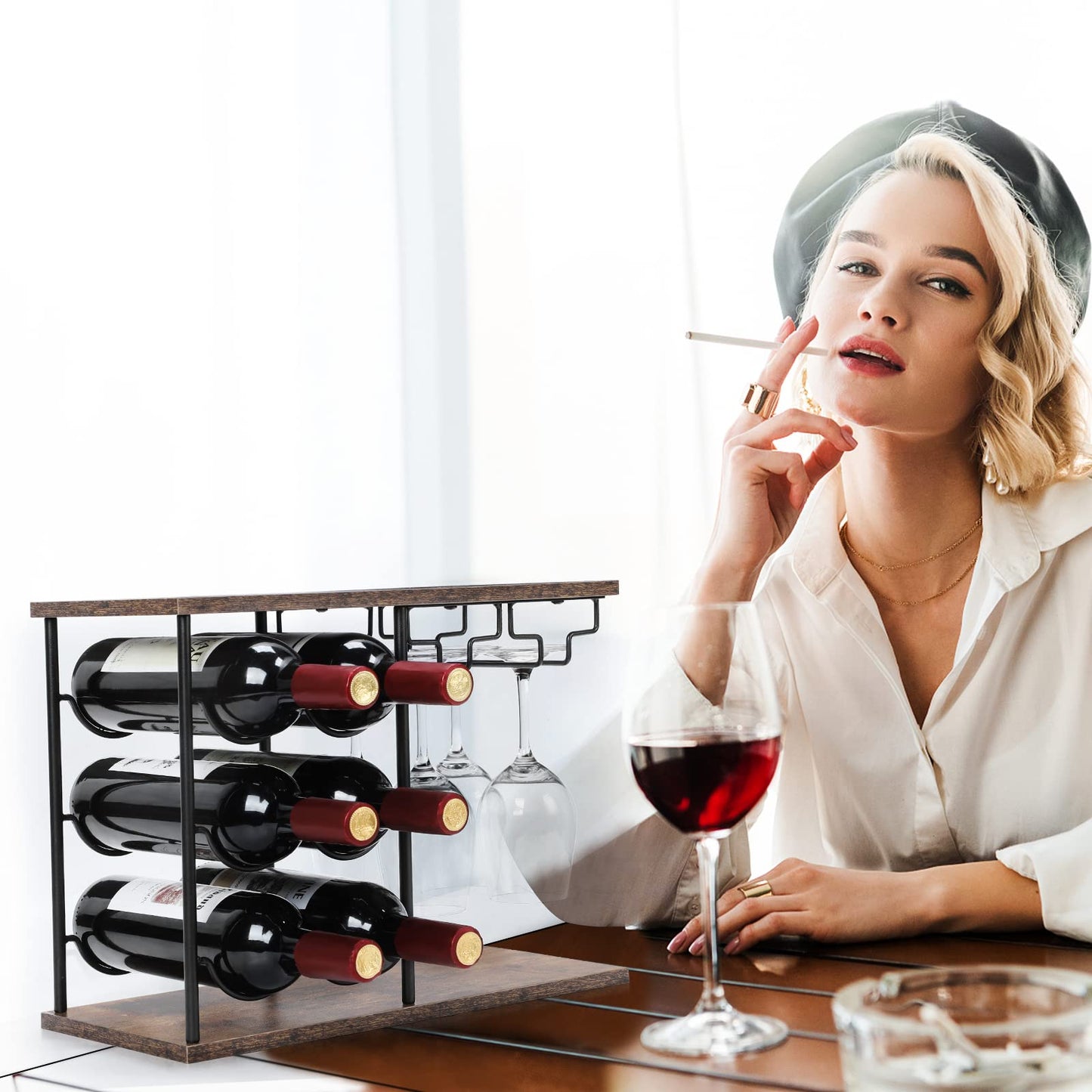 MOOACE Countertop Wine Rack, Wine Bottle Rack with Glass Holder