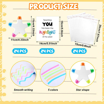 Resurhang 24 Set Back to School Gift for Student 5-in-1 Star Multicolor Highlighters with Encouragement Card Clear Gift Bag Star Pen Bulk for First Day of School Party Favor Classroom Testing Rewards