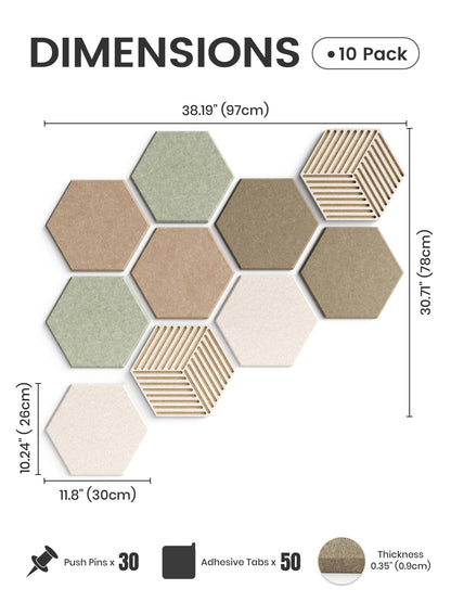 Fluxynara Hexagon Cork Board Alternative for Walls Decor-10-Pack Felt Bulletin Board Tiles,with 30 Pushpins,50 Adhesive Tabs for Office,Classrooms & Home Pin Board Felt Board-Linen Dusk