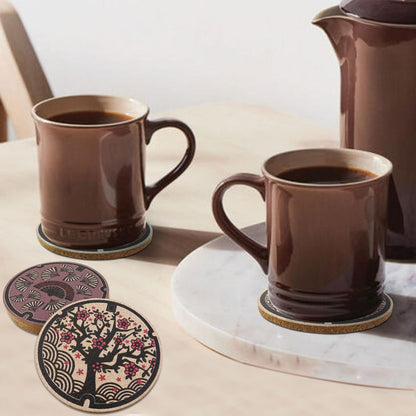 Japanese Coasters Japan Manhole Design Coasters for Drinks Cherry Blossom Koi Pagoda Deer Cork Coasters for Coffee Table Housewarming Birthday Gifts Set of 6
