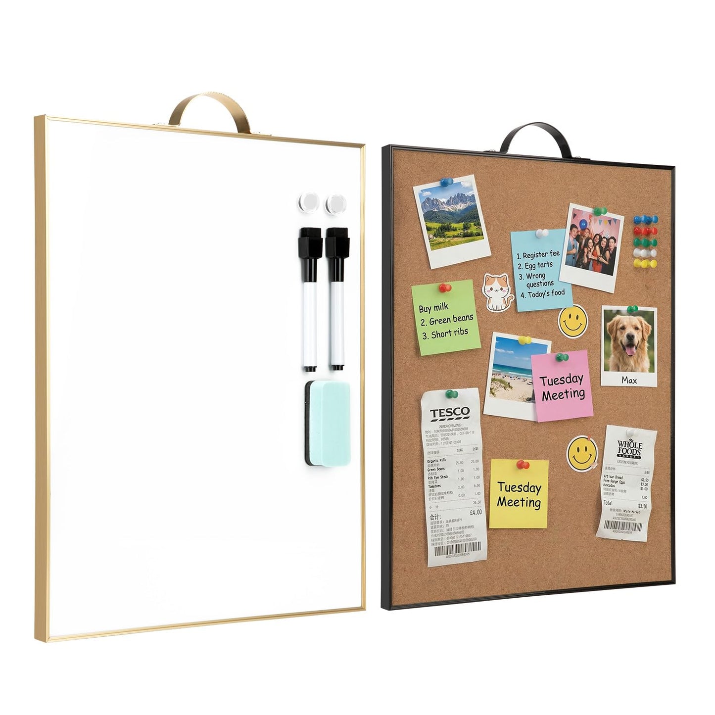 Small Whiteboard Cork-Board Combination for Wall - 16" x 12" Portable Aluminum Frame Magnetic Dry Erse Board Mini Bulletin Cork Board 2 Pack with Holder for School, Office, Home