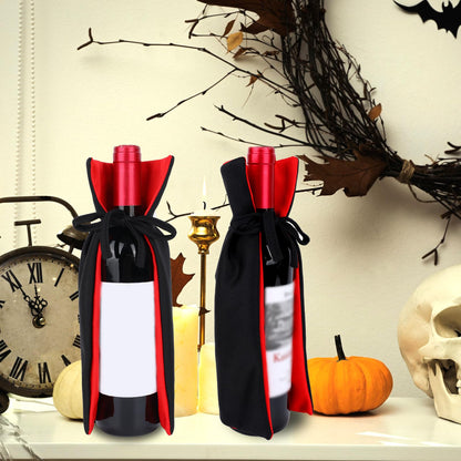 2pcs Halloween Wine Bottle Covers, Knitted Fabric Vampire Cape Bottle Decoration Halloween Party Decorations Home Decor & Themed Events (Black and Red)