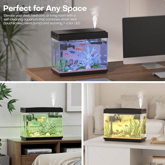 Fish Tank, 2.5Gallon Fish Aquarium,Self Cleaning Fish Tank Aquarium Starter Kit/Humidifier & Essential Oil Diffuser,Touchscreen Control,7-Color LED,3-in-1 Pump,Triple Filtration,Temp/Time Display