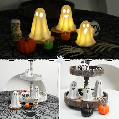 3 Pack Halloween Ceramic Ghost Decor, Light Up Ghost Halloween Decor, Cute Ghost Figurines for Table Tray Fireplace Home Indoor Decoration