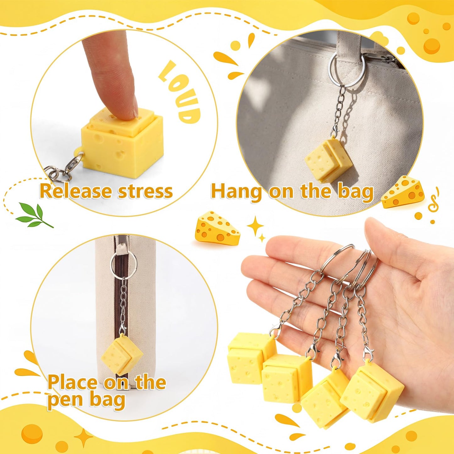 Kenning 12 Pcs Cheese Clicker Fidget Keychain Bulk 3D Printed Clicker Fidget Keyboard Stress Relief Keychain Gifts for Teachers Nurse Employee Coworkers Graduation Party Favors